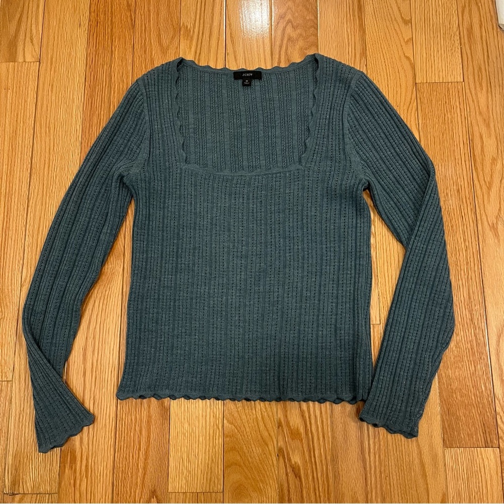 J.Crew Scalloped Squareneck Pointelle Sweater 100% Merino Wool